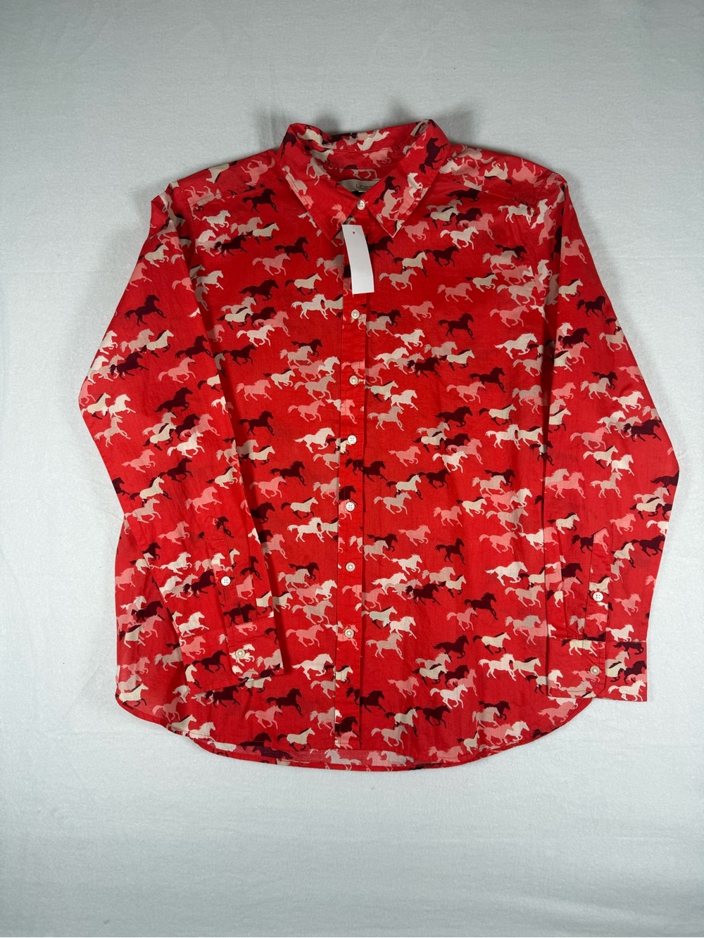 Loft Red Button Down Blouse with Horses Size Large NWT